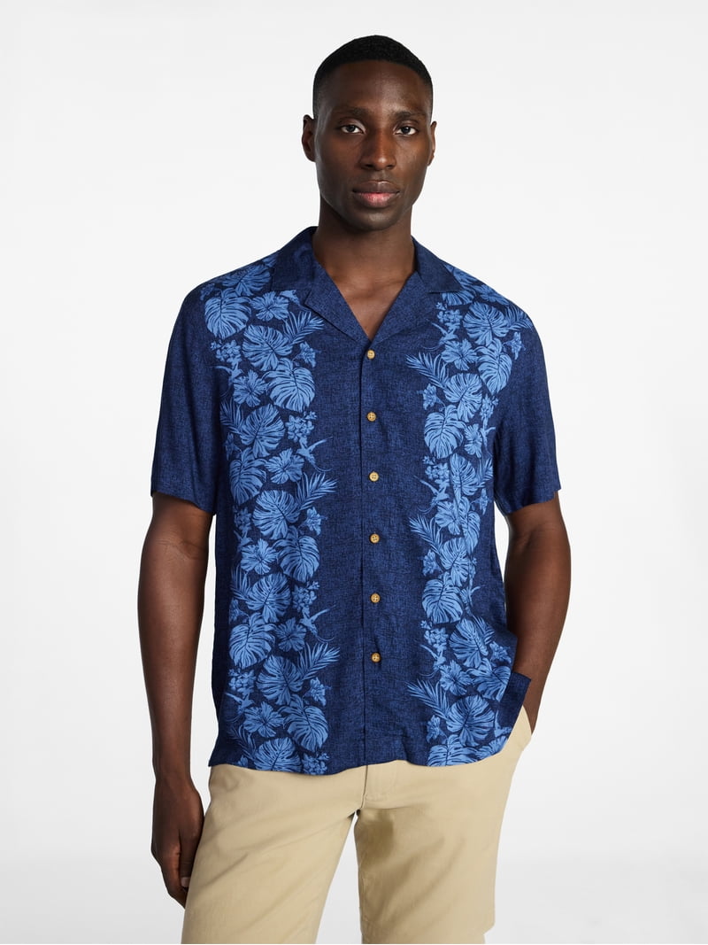 mens dress camp shirts George Men's Relaxed Fit Printed Camp Shirt with Short Sleeves, Sizes S-3xlt, Size: Medium, Blue