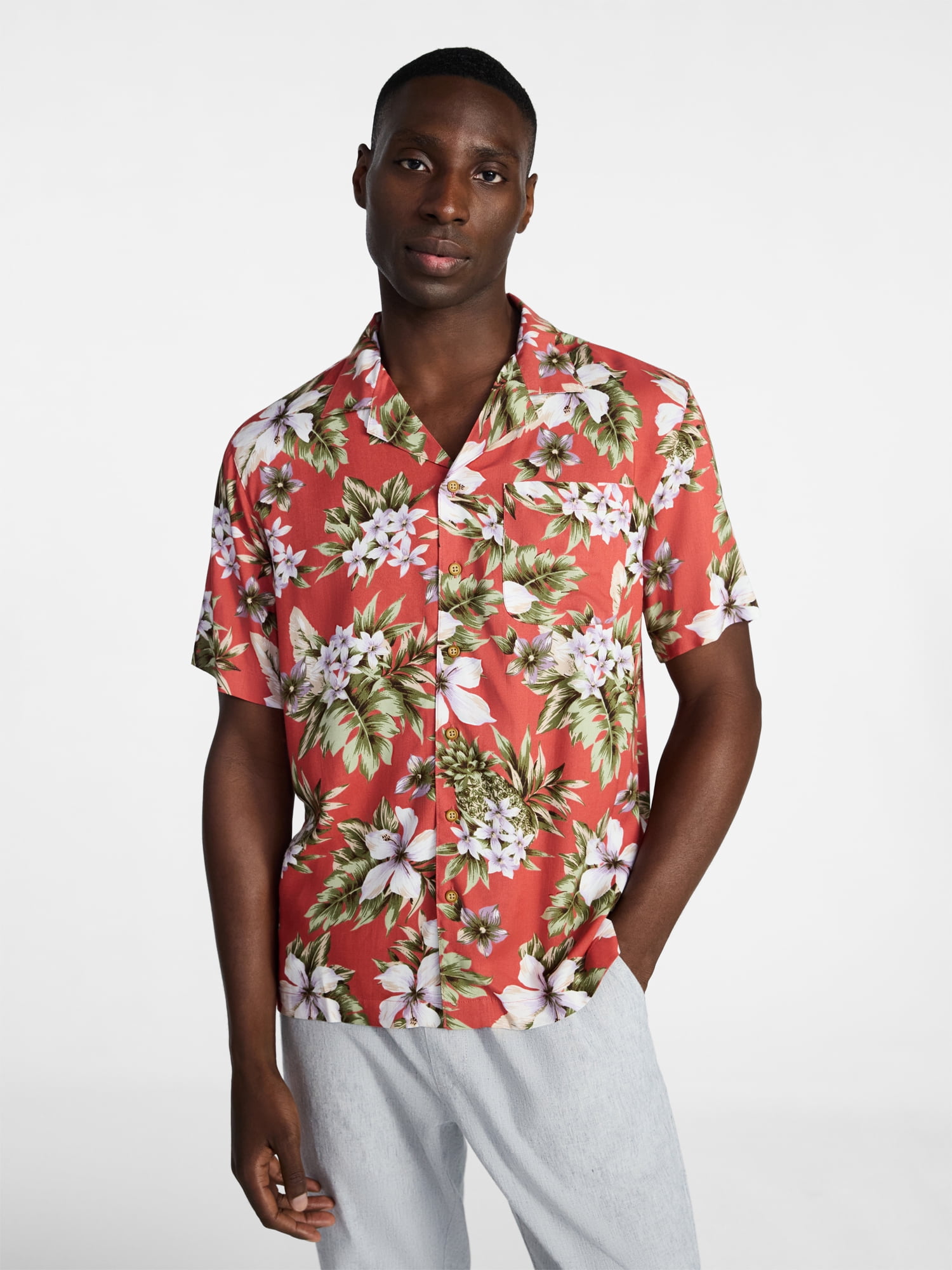 Men's Relaxed Fit Printed Camp Shirt with Short Sleeves, Sizes S-3XLT