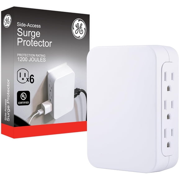 GE Pro 6-Outlet Extender, Surge Protector, Side Access, Wall Tap Adapter, 3-Prong, 1200 Joules, Warranty, UL Listed, White, 10353
