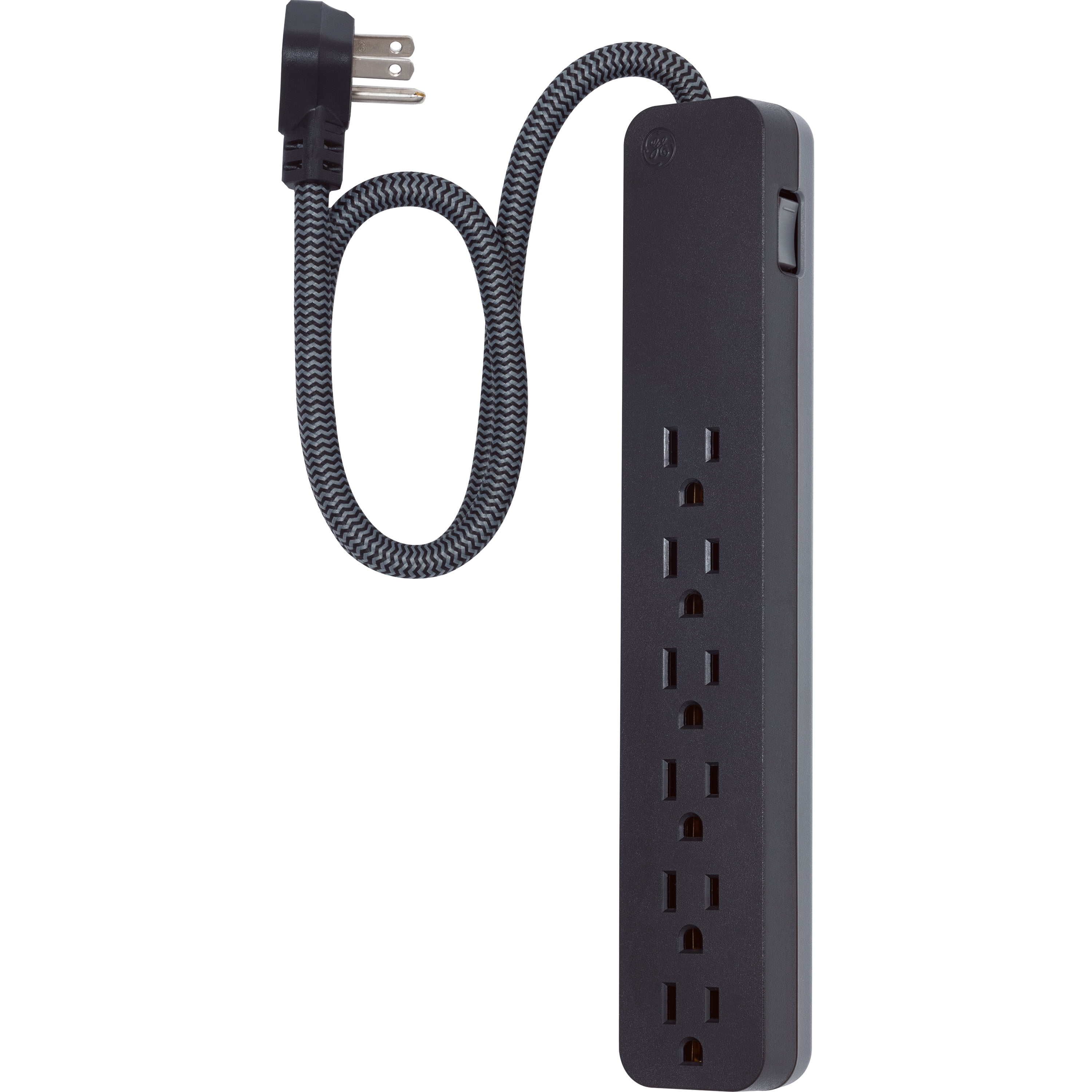 GE Pro 6-Outlet Surge Protector Power Strip, 2 Ft Braided Extension Cord, Flat Plug, On Off Switch, Black, 44070