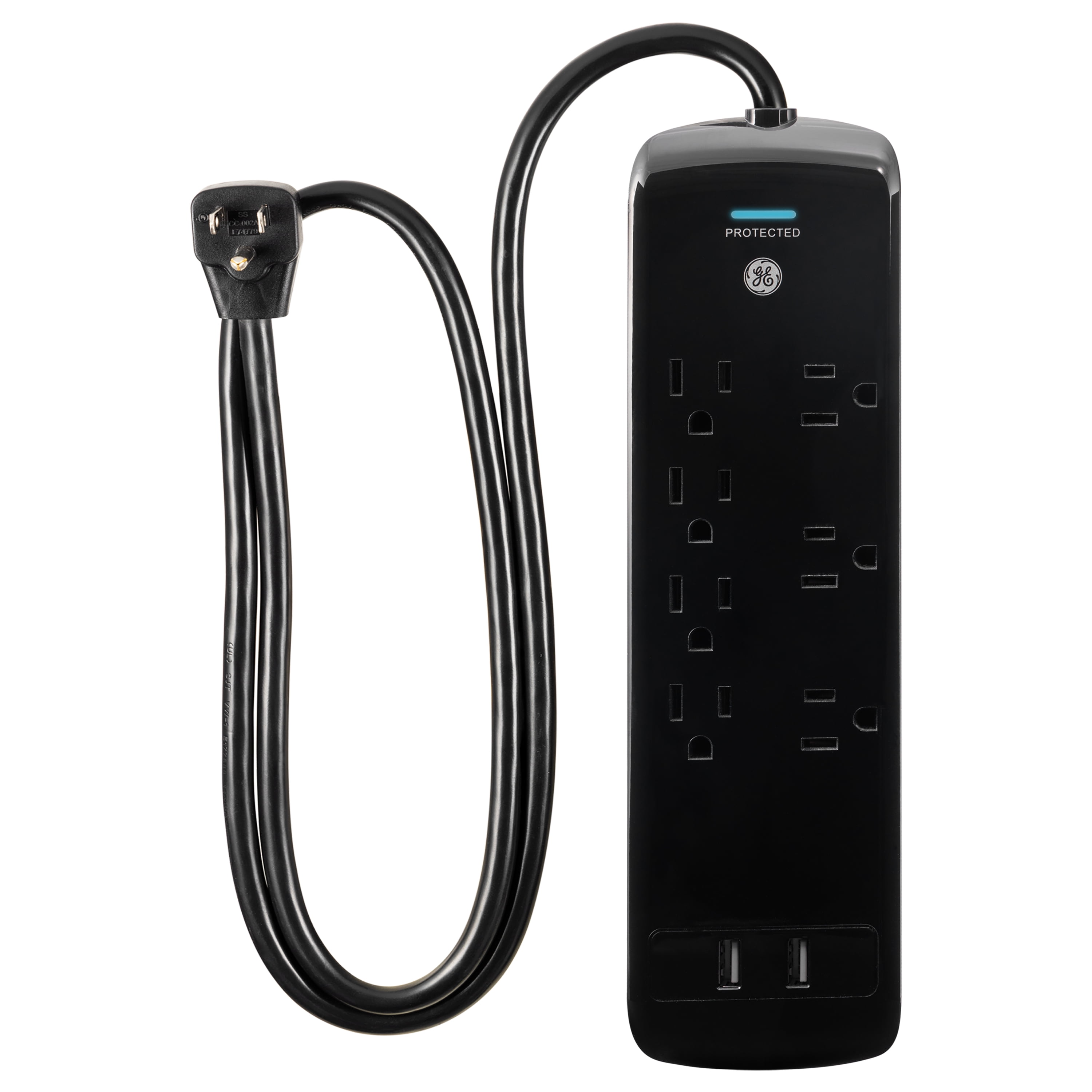 Black 7-Outlet Surge Protector with 2 USB Ports and 3ft Cord