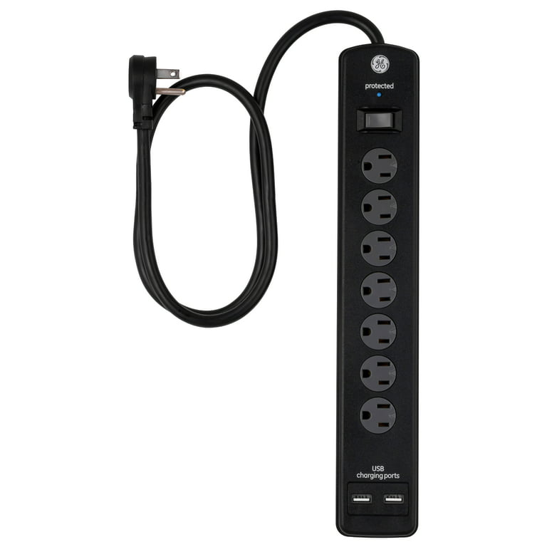 GE Pro 7-Outlet 2 USB Surge Protector Extension Cord, Black, 3 ft