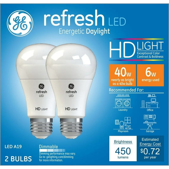 GE Refresh HD Dimmable LED Light Bulbs, A19 General Purpose (40 Watt Replacement LED Light Bulbs), 450 Lumen, Medium Base Light Bulbs, Daylight, 2-Pack LED Bulbs