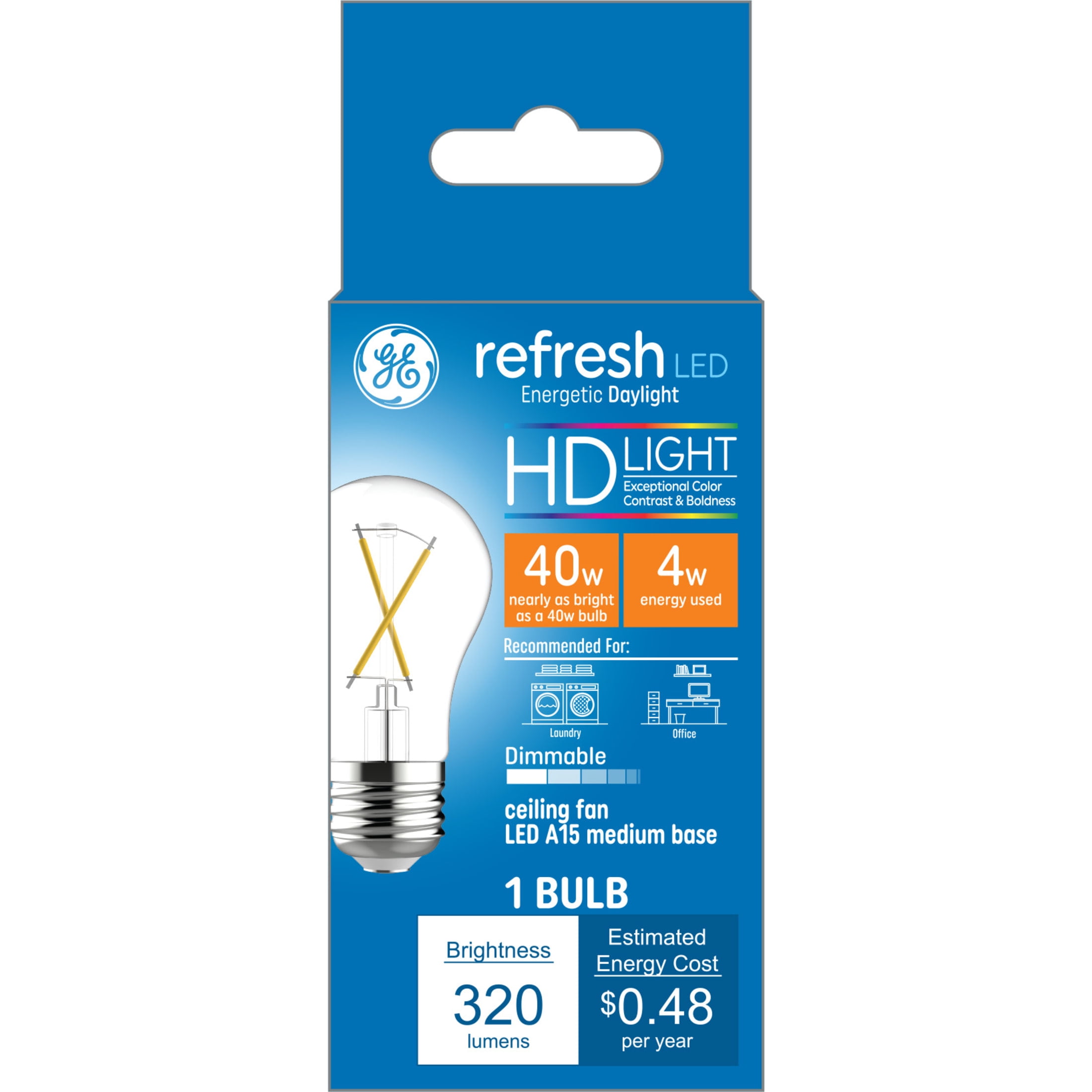 GE Refresh HD LED Ceiling Fan Light Bulb, 40 Watts, Daylight, A15 Bulb