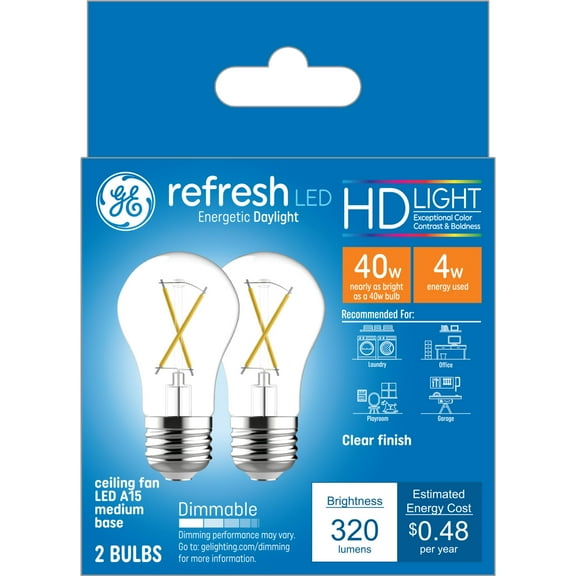 GE Refresh HD LED Ceiling Fan Light Bulbs, 40 Watts, Daylight, A15 Bulbs, Medium Base, Clear Finish, 2pk