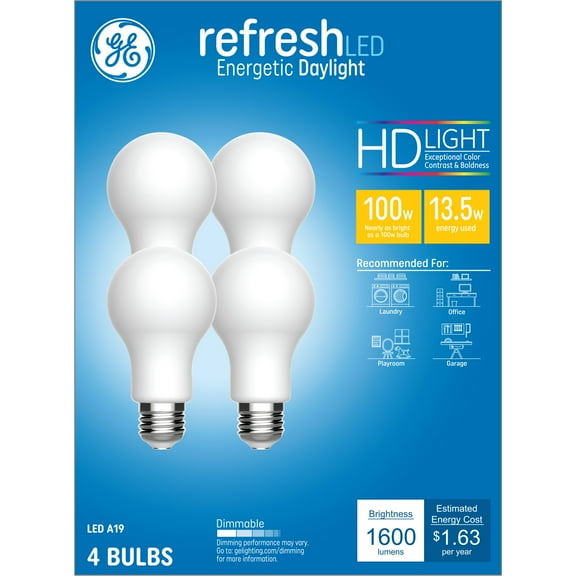 GE Refresh HD LED Light Bulbs, 100 Watt, Daylight, A19 Bulbs, Medium Base, Frosted Finish, 4pk