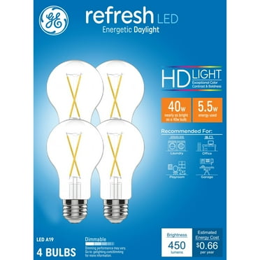 GE Refresh HD LED Light Bulbs, 40 Watts, Daylight, A19 Bulbs, Medium Base, Clear Finish, 4pk