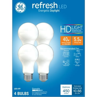 GE Refresh HD LED Light Bulbs, 40 Watts, Daylight, A19 Bulbs, Medium Base, Frosted Finish, 4pk