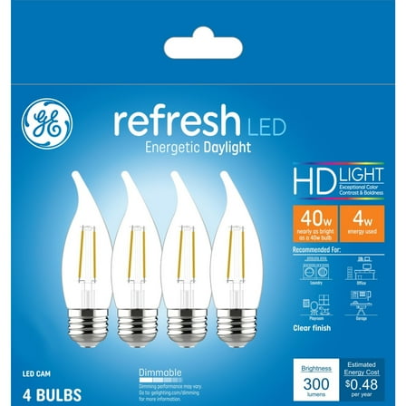 GE Refresh HD LED Light Bulbs, 40 watts, Daylight, CA11 Candle Bulbs, 4pk