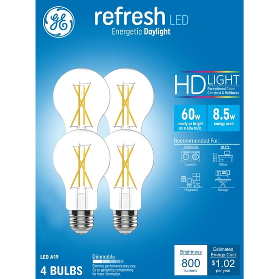 GE Refresh HD LED Light Bulbs, 60 Watt, Daylight, A19 Bulbs, Medium Base, Clear Finish, 4pk