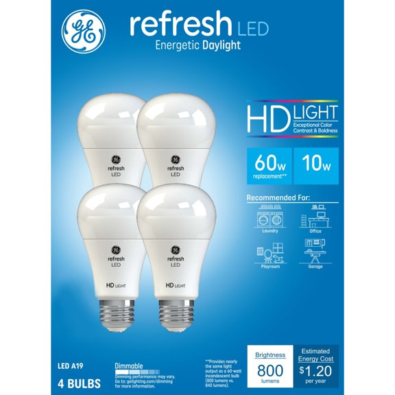 GE Refresh HD LED Light Bulbs, 60 Watt, Daylight, A19 Bulbs, Medium Base, Frosted Finish, 4pk
