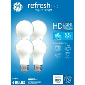 GE Refresh HD LED Light Bulbs, 60 Watt, Daylight, A19 Bulbs, Medium Base, Frosted Finish, 4pk