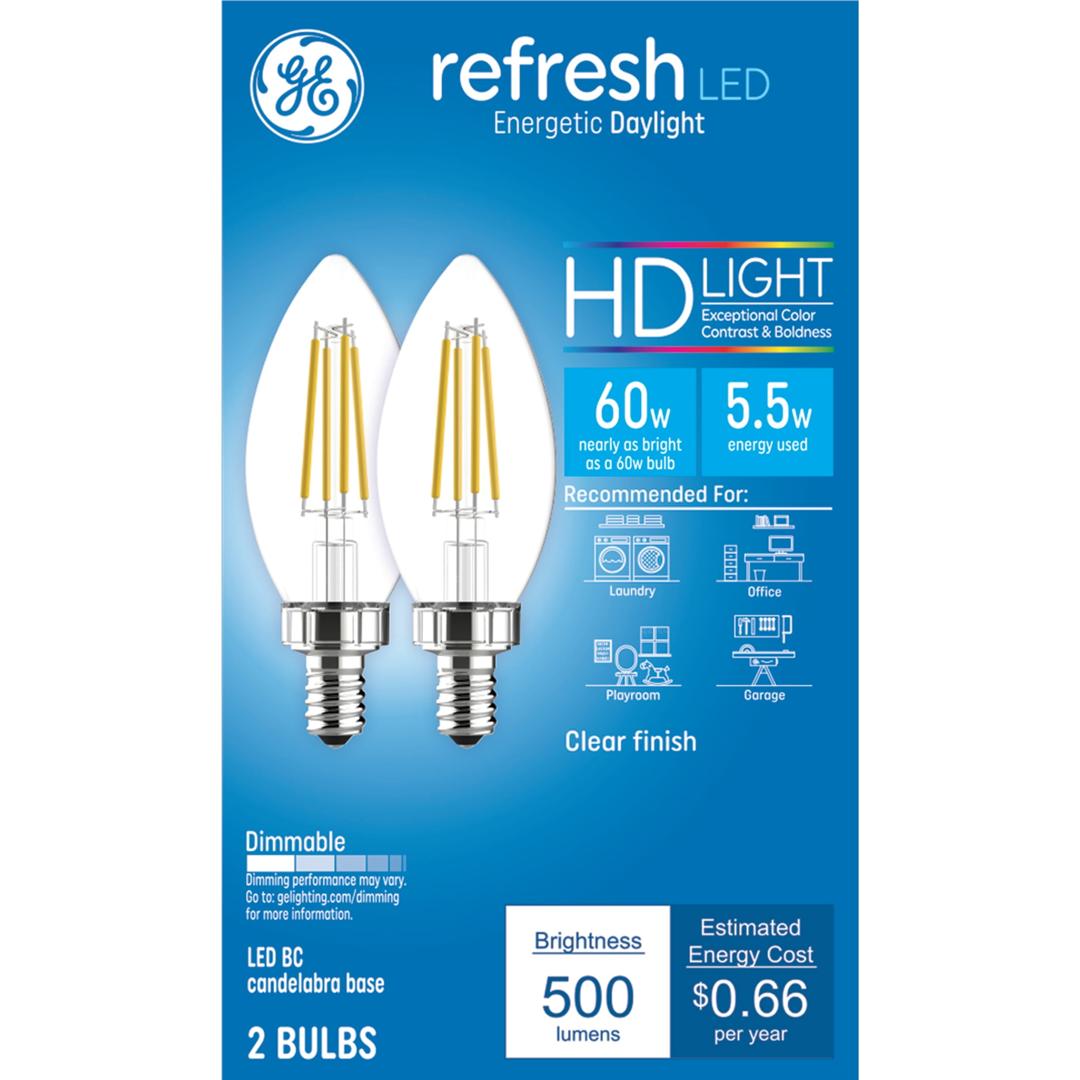 GE Refresh HD LED Light Bulbs, 60 Watt, Daylight, B11 Bulbs, Small Base, Clear Finish, 2pk