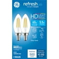 thumbnail image 1 of GE Refresh HD LED Light Bulbs, 60 Watt, Daylight, B11 Bulbs, Small Base, Clear Finish, 2pk, 1 of 8