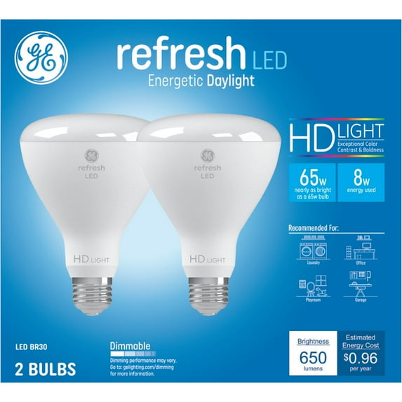 GE Refresh HD LED Light Bulbs, 65 Watt, Daylight, BR30 Floodlights, Medium Base, 2pk