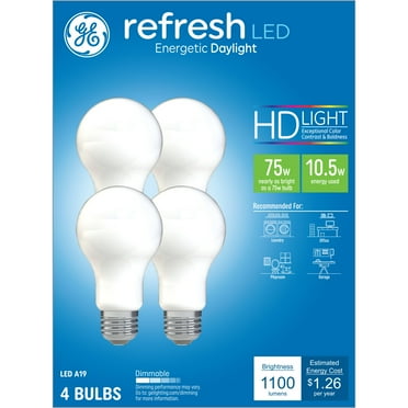 GE Refresh HD LED Light Bulbs, 75 Watt, Daylight, A19 Bulbs, Medium Base, Frosted Finish, 4pk