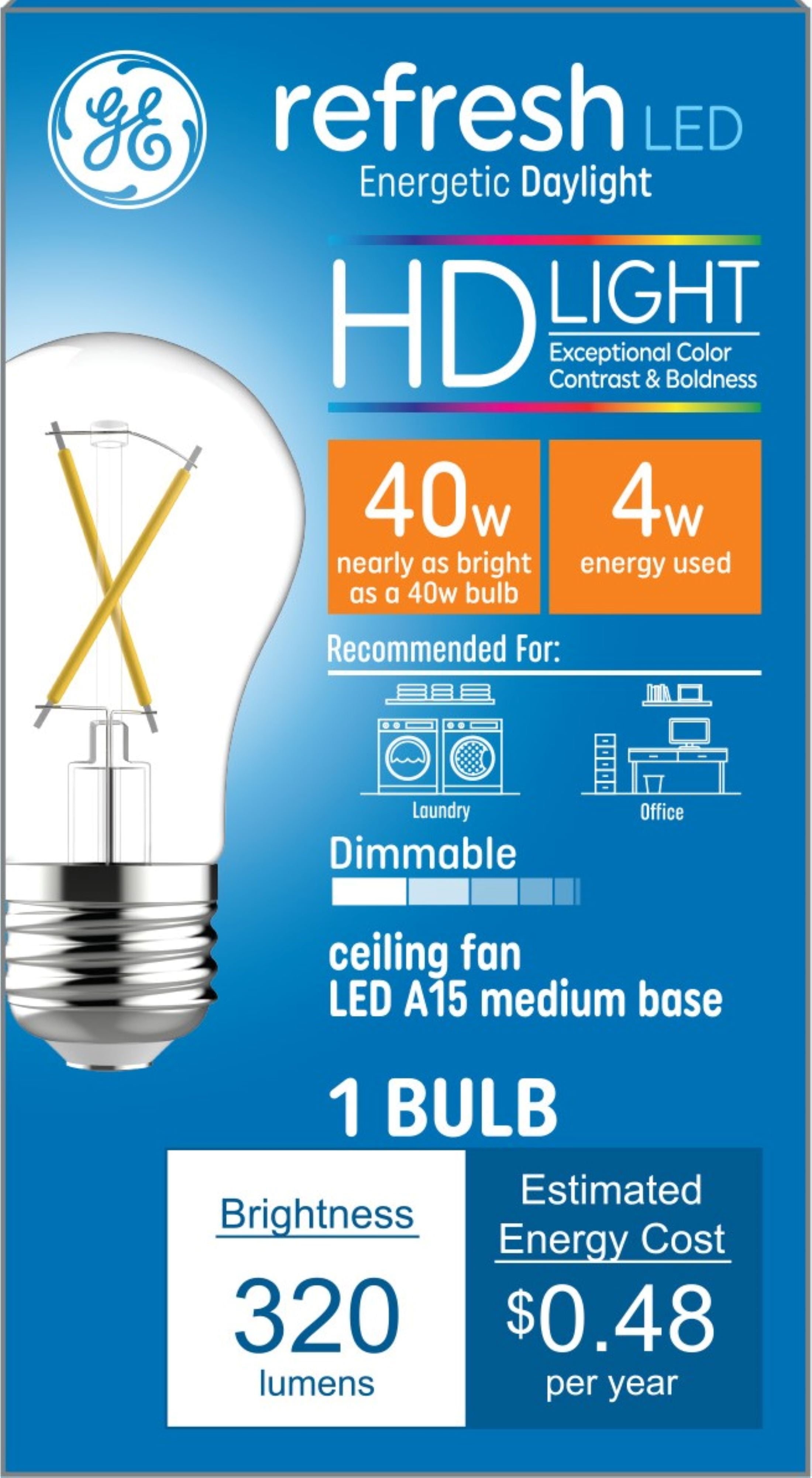 GE Refresh LED Ceiling Fan Light Bulb, 40 watts Eqv, Daylight, A15 Bulb, Medium Base