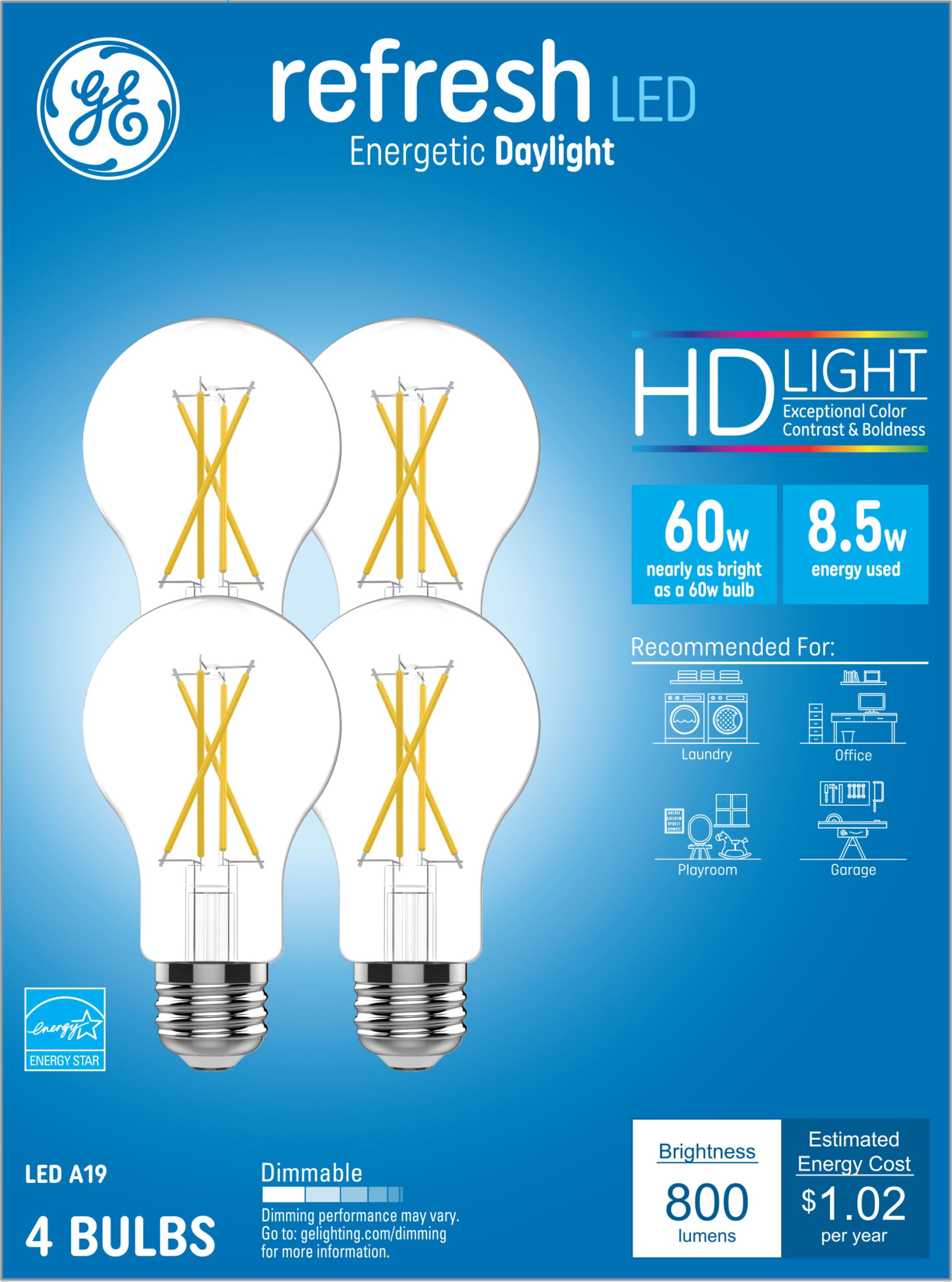 GE Refresh LED Light Bulbs, Clear Finish, 60 Watt Eqv, Daylight, A19