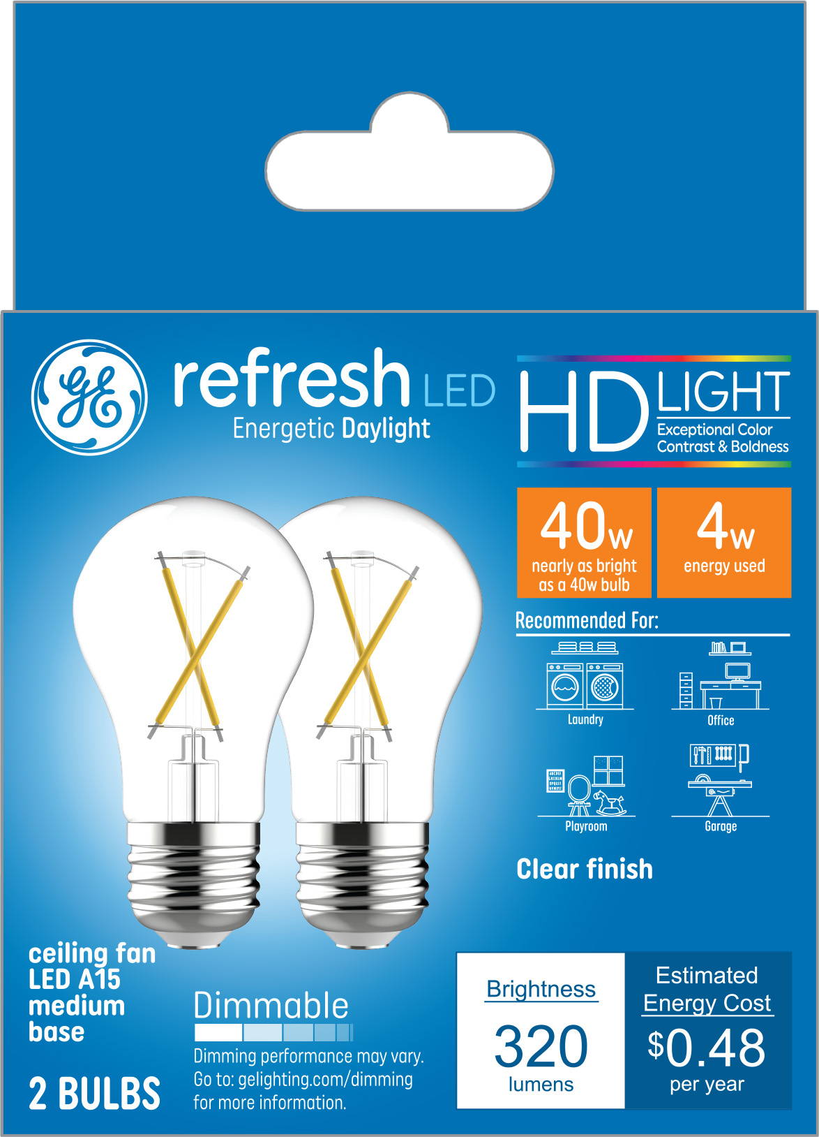 GE Refresh LED Light Bulbs, Daylight, 40 watts Eqv, A15 Ceiling Fan