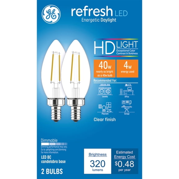 GE Refresh HD LED 40 Watt Replacement, Daylight, B11 Deco - Candle Bulbs (2 Pack)