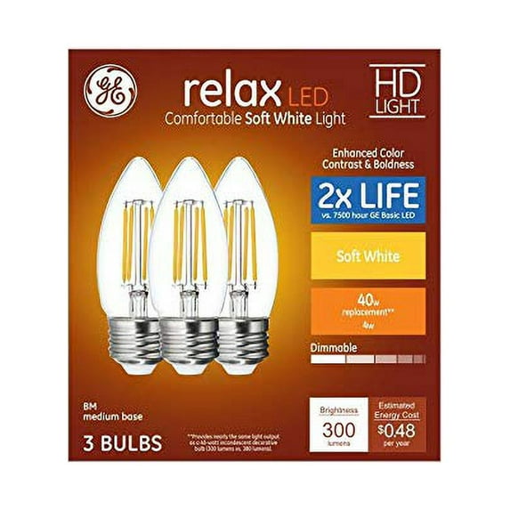 GE Relax 3-Pack 40 W Equivalent Dimmable Soft White B LED Light Fixture Light Bulbs 42287