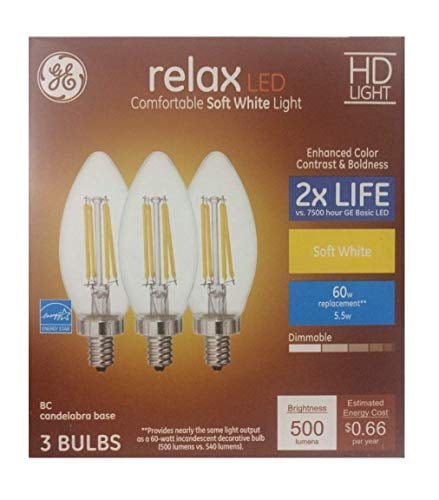 GE Relax 3-Pack 60 W Equivalent Dimmable Soft White BC B12 LED Light Fixture Light Bulb