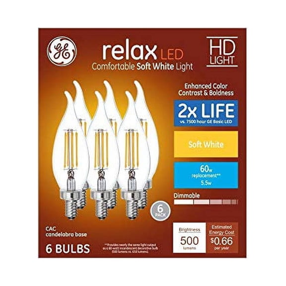 GE Relax 6-Pack LED Decorative 60 W Equivalent, Dimmable Soft White Ca12 LED Light Bulbs Decorative Candelabra Antique