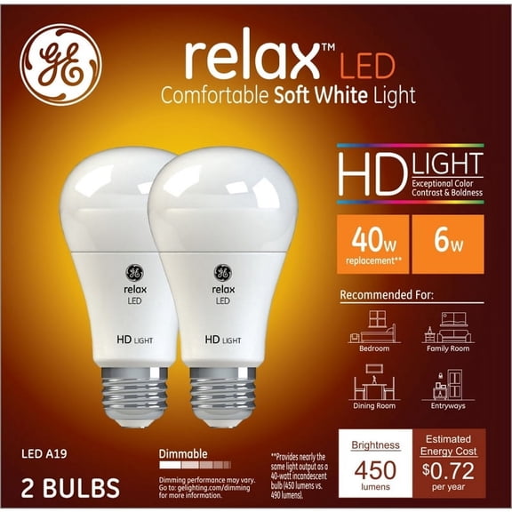 GE Lighting 98255 Relax HD LED Light Bulbs, Soft White, 450 Lumens, 6-Watts, 2-Pk. - Quantity 1