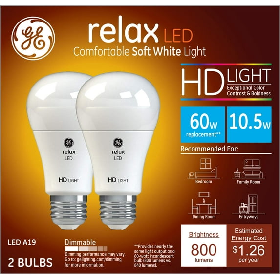 GE Lighting 36835 10.5 Watt E26 A19 Frosted Soft White LED Dimmable Relax HD Light Bulbs 2 Count