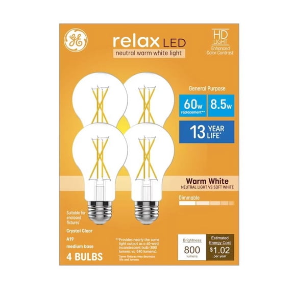 GE Relax HD 60-Watt EQ A19 Warm White Medium Base (e-26) Dimmable LED Light Bulb (4-Pack) Item #5190606 Model #93130694