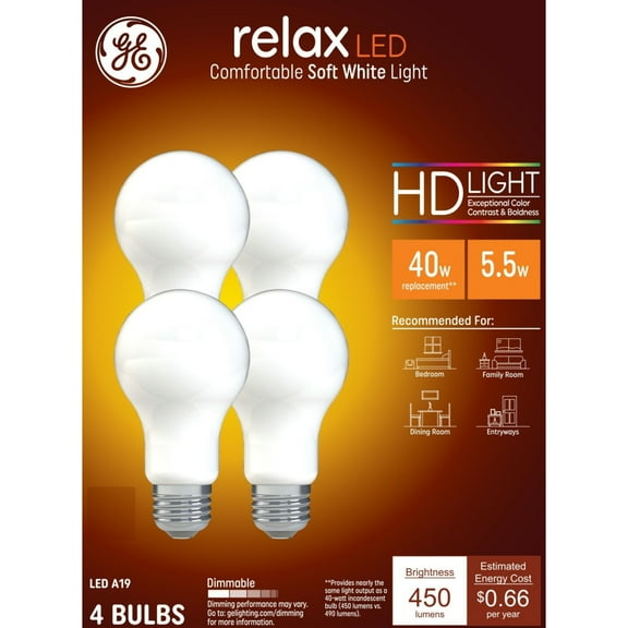 GE Relax HD LED Light Bulbs, 40 Watts, Soft White, A19 Bulbs, Medium Base, Frosted Finish, 4pk