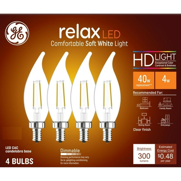 GE Relax HD LED Light Bulbs, 40 Watts, Soft White, CA11 Candle Bulbs, Clear Finish, 4pk