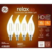 لمبات إضاءة GE Relax HD LED ، 40 واط ، أبيض ناعم ، لمبات شمعة CA11 ، تشطيب واضح ، 4pk