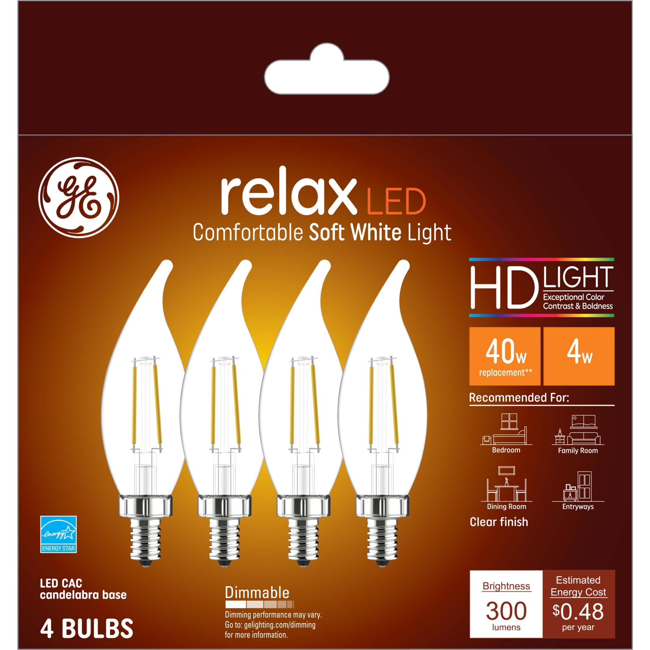 GE Relax HD LED Light Bulbs 40 watts Soft White CA11 Candle