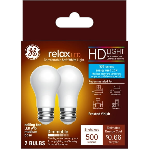 GE Relax HD LED Light Bulbs, 60 Watt, Soft White, A15 Ceiling Fan Bulbs, Medium Base, 2pk