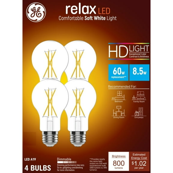 GE Relax HD LED Light Bulbs, 60 Watt, Soft White, A19 Bulbs, Medium Base, Clear Finish, 4pk