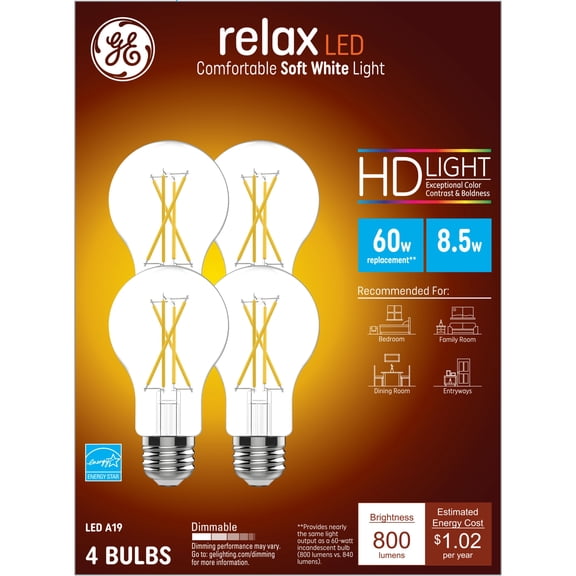 GE Relax HD LED 60 Watt Replacement, Soft White, A19 General Purpose Bulbs (4 Pack)