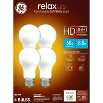 GE Relax HD LED Light Bulbs, 60 Watt, Soft White, A19 Bulbs, Medium Base, Frosted Finish, 4pk