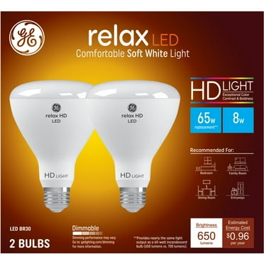 GE Relax HD LED Light Bulbs, 65 Watt, Soft White, BR30 Indoor Floodlight, Medium Base, 2pk