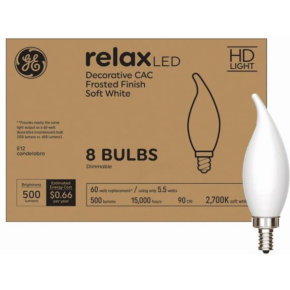 GE Relax LED Light Bulbs 60W, Soft White Candle Lights, Decorative Light Bulbs, Frosted, Small Base (8 Pack)
