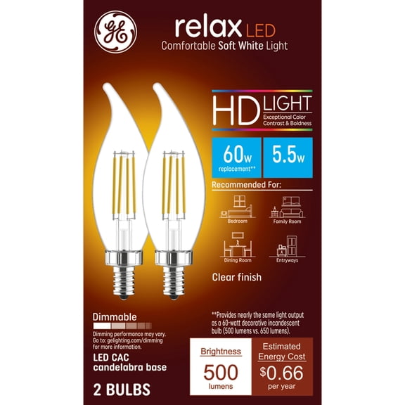 GE Relax HD LED 60 Watt Replacement, Soft White, CA11 Deco - Candle Bulbs (2 Pack)