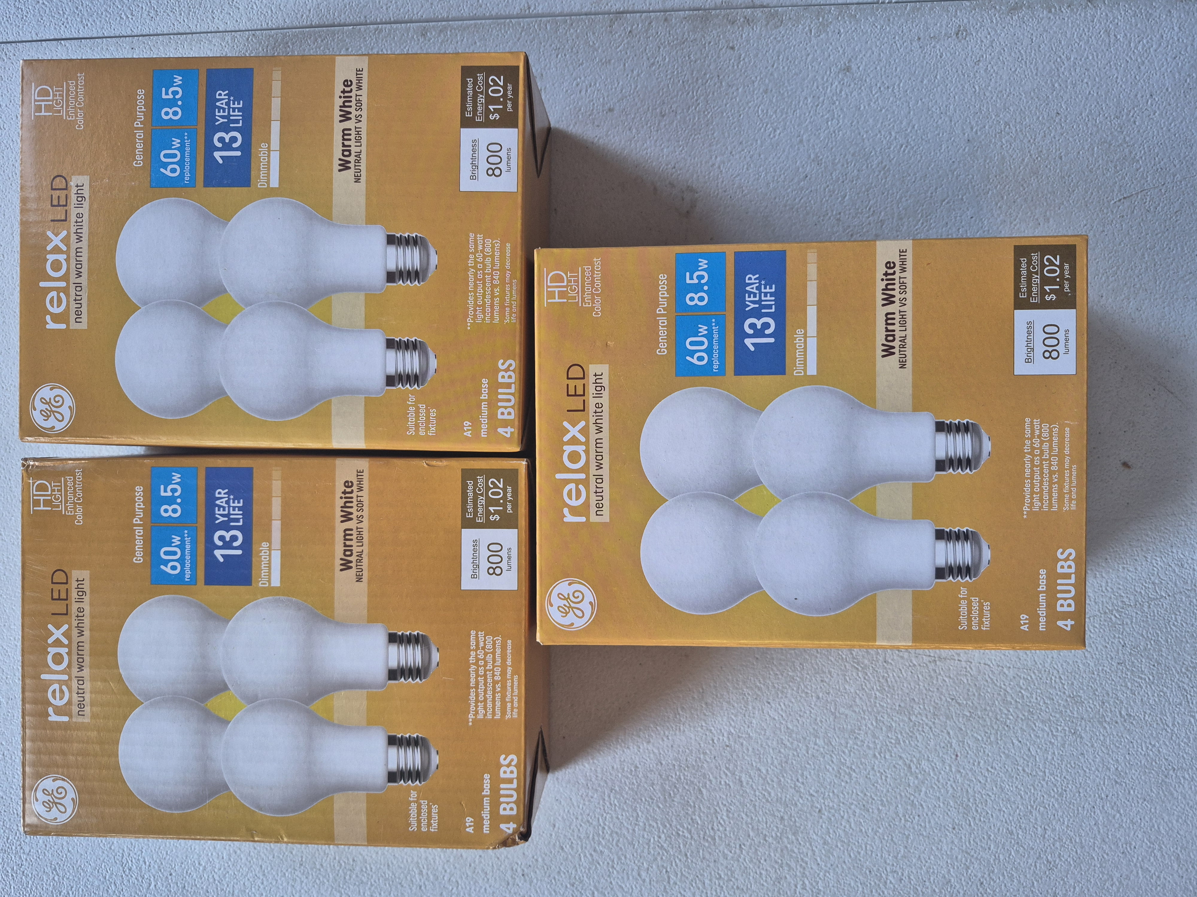 GE Relax LED Warm White 60-Watt A19 Dimmable 12 Pack Light Bulbs