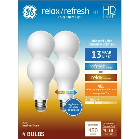 GE Relax/Refresh LED 5W 2700K/5000K A19 Dimmable General Purpose Light Bulb, Color Select (4 Pack)