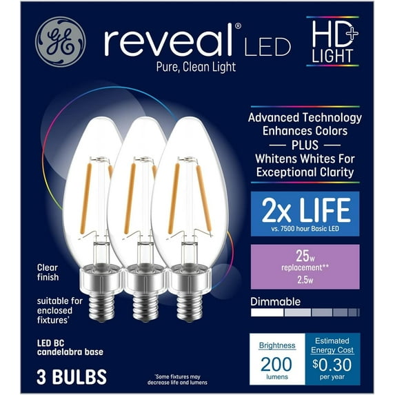 GE Reveal 25-Watt EQ Color-Enhancing Dimmable Candle Light Bulb (3-Pack)