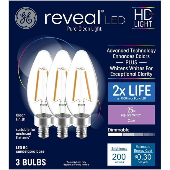 GE Reveal 25-Watt EQ Color-Enhancing Dimmable Candle Light Bulb (3-Pack)