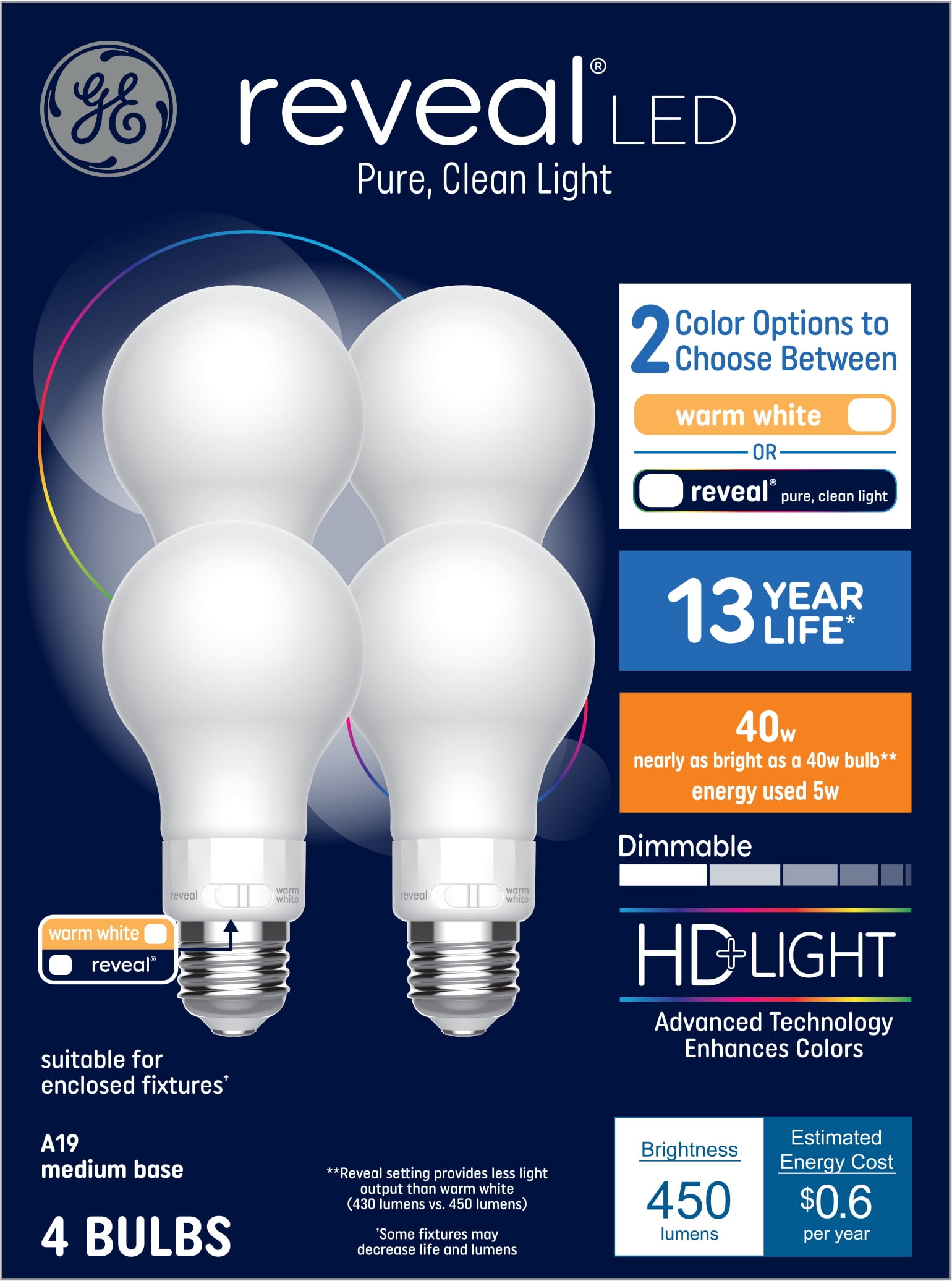 GE Reveal Color Select LED Light Bulbs, 40 watts Eqv, A19 General