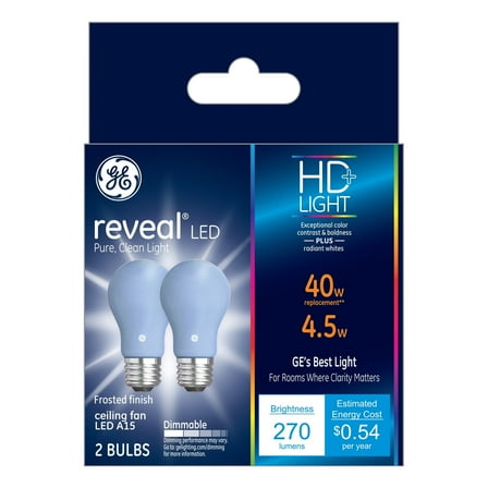 GE Reveal HD+ 3.5-Watt (40W Equivalent) LED Frosted Finish, A15 Ceiling Fan Light Bulbs, 2pk