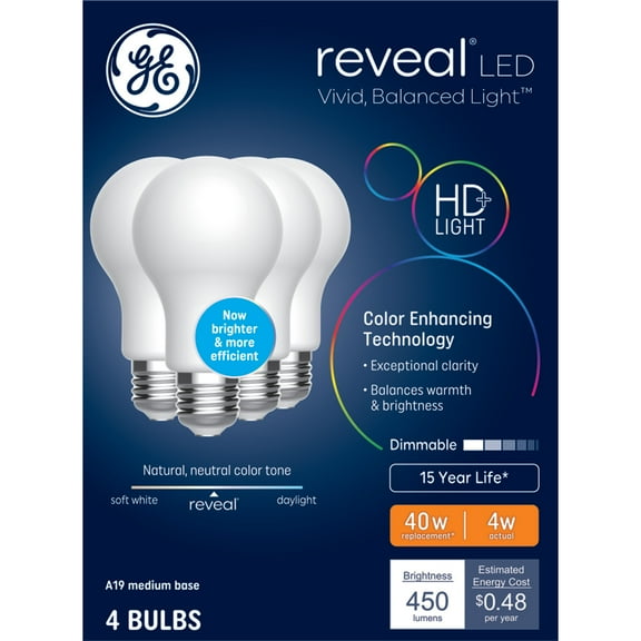 GE Reveal HD+ LED 40 Watt Replacement, Reveal, A19 General Purpose Bulbs (4 Pack)