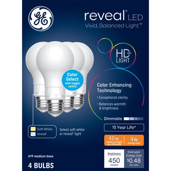 GE Reveal HD+ LED 40 Watt Replacement, Reveal + Soft White, A19 General Purpose Bulbs (4 Pack)