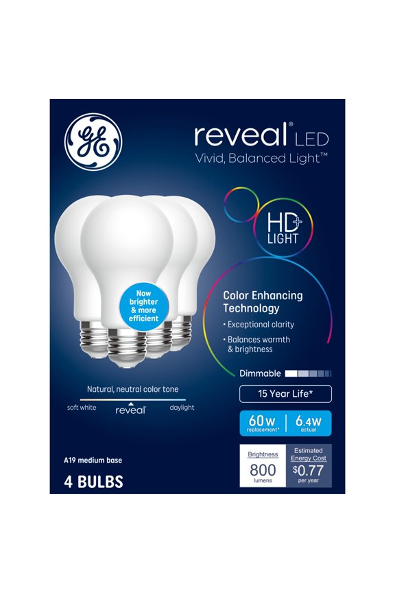 GE Reveal HD+ LED 60 Watt Replacement, Reveal, A19 General Purpose Bulbs (4 Pack)